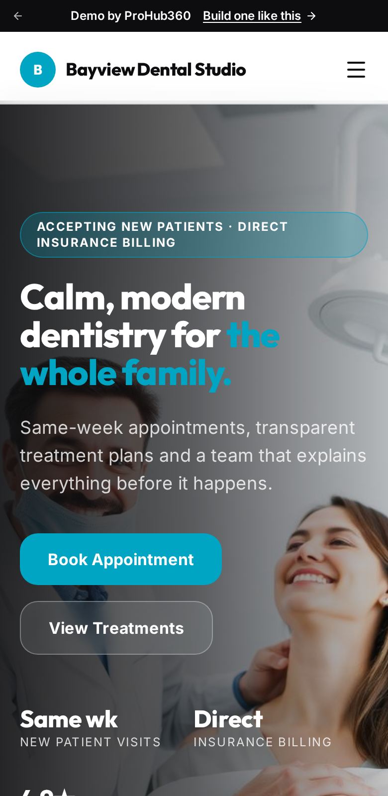 Bayview Dental Studio mobile layout screenshot