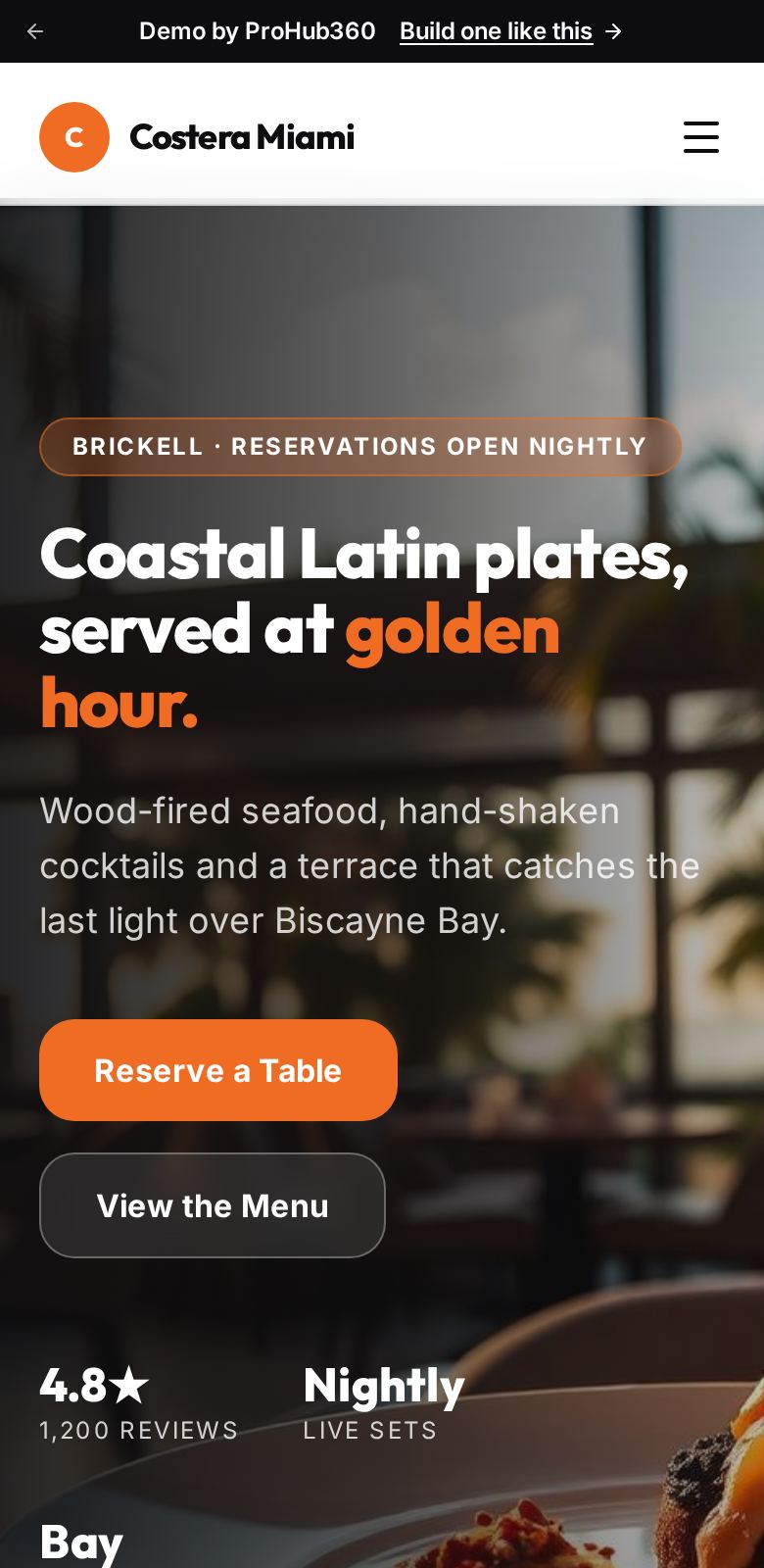 Costera Miami Restaurant mobile layout screenshot