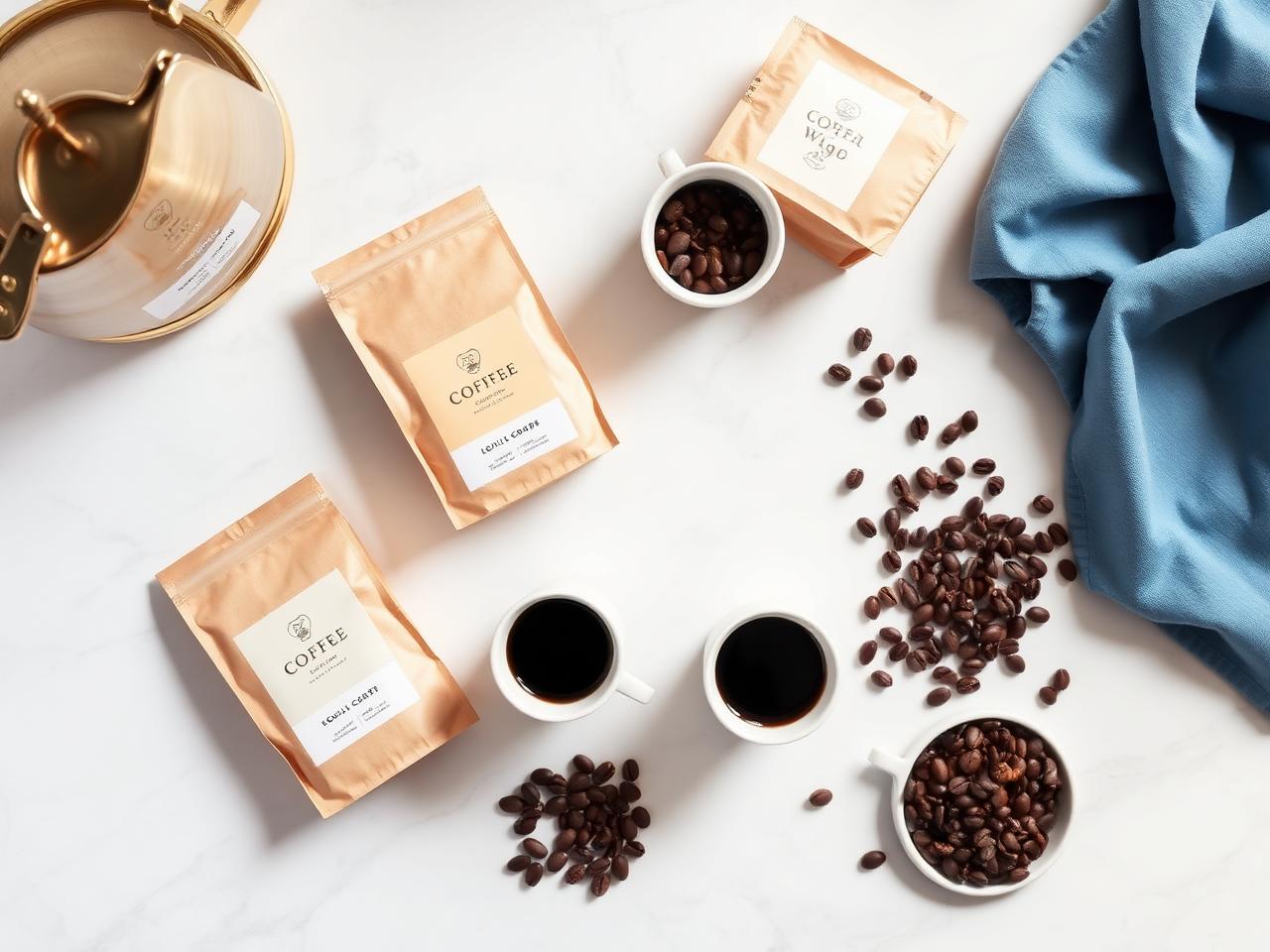 Northbeam coffee bags, fresh beans and poured cups