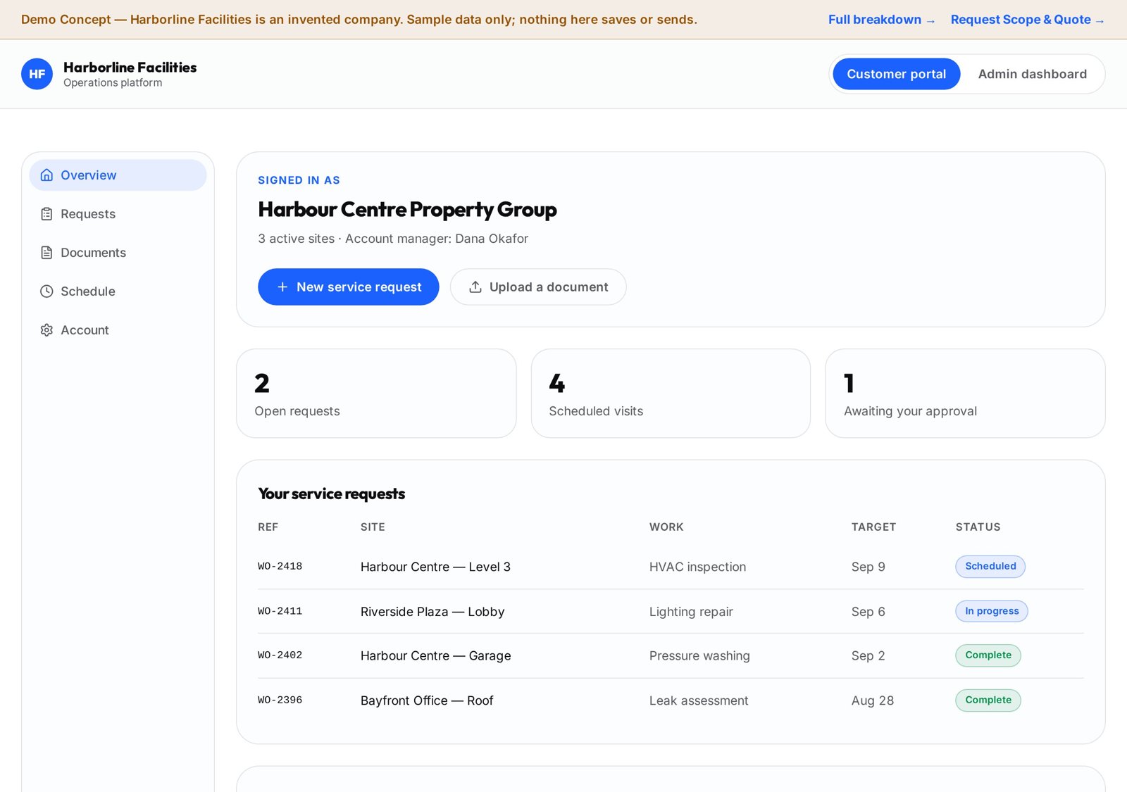 Harborline Facilities — Customer Portal & Ops Dashboard desktop layout screenshot