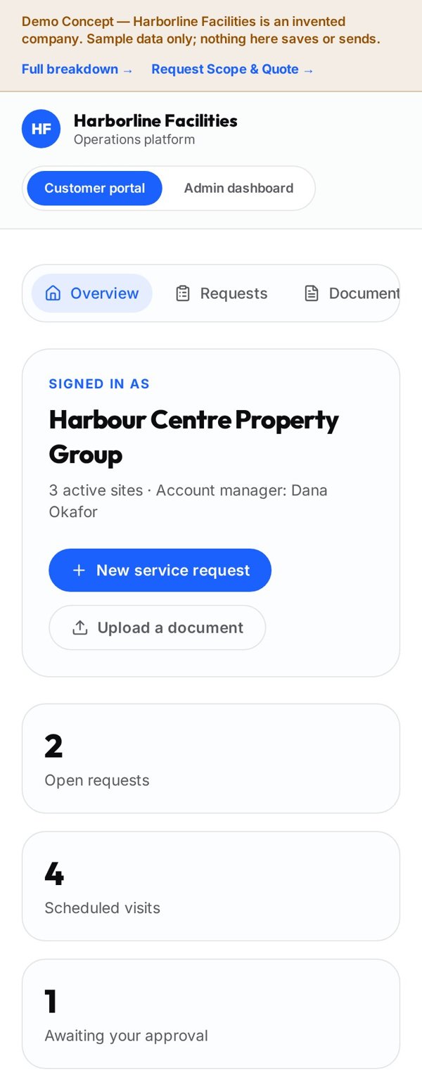 Harborline Facilities — Customer Portal & Ops Dashboard mobile layout screenshot